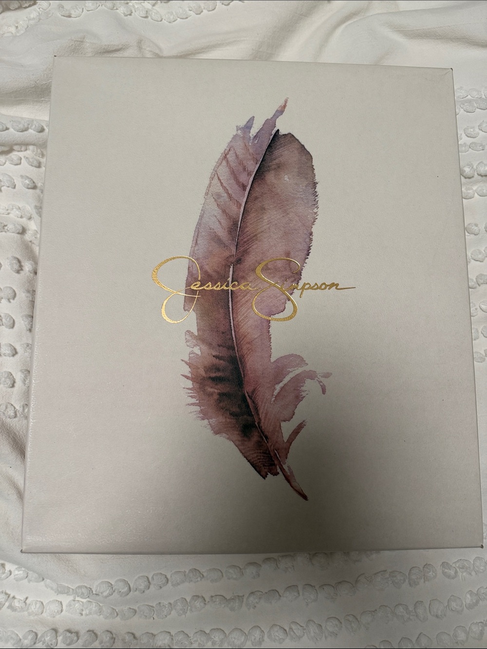 Jessica Simpson Jewelry Box - White with Mauve Feather and Gold Script